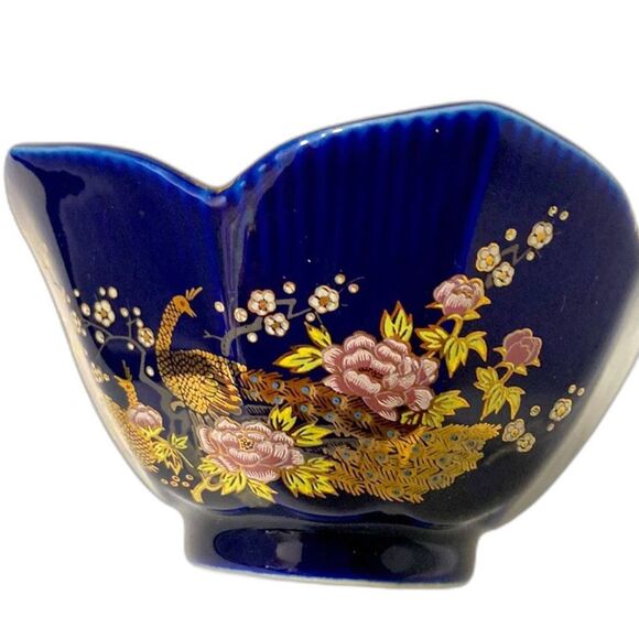PEACOCKS Lotus Floral Cobalt Blue Gold Trim Decorative JAPANESE Bowl Vintage - Picture 4 of 12